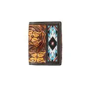 3D Brown Floral Tooled Trifold Wallet with Embroidered Southwest Design Inlay
