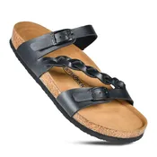 AEROTHOTIC PU1103 VIKING BLACK VEGAN LEATHER STRAPPY FOOTBED SLIDE SANDAL