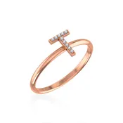 10K Rose Gold Womens Round Diamond T Initial Letter Ring 1/25 Cttw