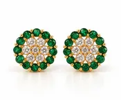 14K Yellow Gold Emerald & Diamond Cluster Earrings