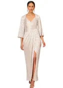 Aidan Mattox by Adrianna Papell Pleated Foiled Column Dress With Slit And Flutter Sleeves