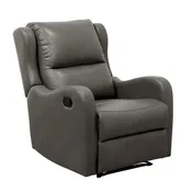 38 Inch Manual Recliner Chair, Cushioned Gray Faux Leather, Solid Wood