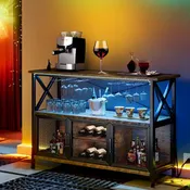 55" Wine Bar Cabinet with LED Lights and Goblet Stand for Living Room Kitchen