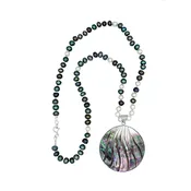 Abalone Pendant on Hand-knotted Peacock Green and White Pearl Necklace