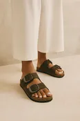Chocolate Brown Suede Double Buckle Cork Sandals