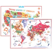 Illustrated Kids World and United States Map Set