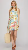 Beach Print Shift Dress with Pockets