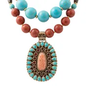 Adobe Blue Turquoise and Orange Coral Golden Pendant Statement Necklace