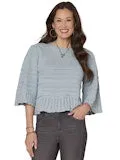 3/4 BELL SLEEVE, ROUND NECK, SCALLOP EDGE, VARIEGATED STITCH MIX SWEATER-NILE BLUE