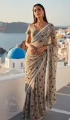 Champagne Silver Ombre Net Saree with Heavy Embroidery