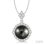 10 MM Black Cultured Pearl and 1/2 Ctw Round Cut Diamond Pendant in 14K White Gold with chain