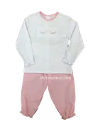 Auraluz 2pc Set...White l/s knit shirt with embroidered flowers and pink check pants