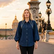 Embellished Collar Balloon Sleeve Shirt in Denim | Women's - NS24-11