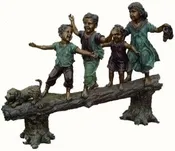 4 Small Kids with dog Walking on a log Bronze Children Garden Statue