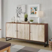 Doppo Solid Pine Wood 63" 3-Door Sideboard Buffet Cabinet Metal Base