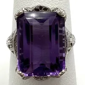 10K White Gold 8.18ct Emerald Cut Amethyst Filigree Fashion Ring