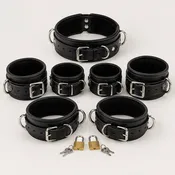 7-Piece Leather Restraint Set | Padded Collar, Wrist, Ankle & Thigh Cuffs | Heavy Duty Locking Buckles