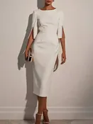 Beaded Sleeve Slim-Fit Elegant Dress: White / M