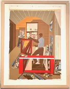 SOLD    Jacob Lawrence  (American, 1917-2000)  "The Studio" — driftwood modern