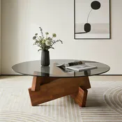 Albi 32" Round Tempered Glass Coffee Table with Sculptural Wood Base