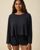Aria Bamboo Casual Cropped Long Sleeve Top | Black