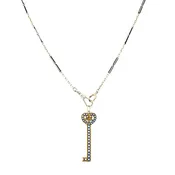 14k Gold Key Pendant Necklace Pearls and Black Enamel