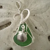 Emerald Green Sea Glass Pendant with Sterling Clam Shell Charm