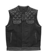 1/2 Black HL21664HFBLACK Men Cross Stitch Half Leather Half Canvas Club Motorcycle Vest