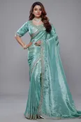 Aqua Blue Tissue Dola Silk Solid Saree with Readymade Blouse and Beaded Work Border