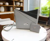 Angular Designer Leather Galloper Gray Black Handbag