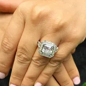 Asscher Cut Moissanite and Round Cut Cvd Diamonds Engagement Ring Bezel Set Wedding Ring Halo Style Bridal Ring 14k Solid White Gold 4.60ctw