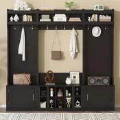 4-IN-1 Wide Hall Tree with Entryway Bench and Shoe Cubbies, Coat Rack with Storage Shelves and 10 Hooks, Black