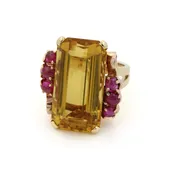 14k Yellow Gold Retro Emerald Cut Citrine & Ruby Split Band Sz 5.5 Ring #E23-54