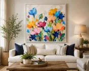 40" X 40" WHITE/BEIGE FRAME TEXTURED MULTI VIBRANT COLOR FLORAL CANVAS PAINTING