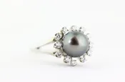 14K WHITE GOLD TAHITIAN PEARL & DIAMOND HALO LADIES  RING