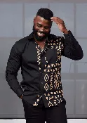 Abiade Men's African Print Button-Up (Black/Tan Black Tribal)