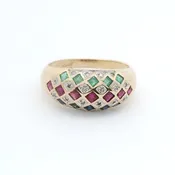 Vintage 14K Yellow Gold Dome Ring with Multi-Gemstone & Diamond Rows