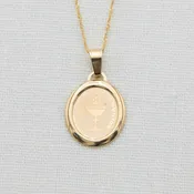 14k Gold Oval Etched Communion Charm With Chain