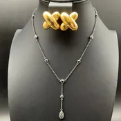 Carolee Vintage Gold Tone Clip Earrings & Silver Tone Black Stone Necklace
