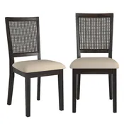 Beige Linen Rattan Back Dining Chairs (Set of 2)