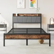 Cadre de lit double, tête de lit avec rangement et station de recharge, pas besoin de sommier tapissier, marron et gris vintage