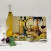 Personalized glass cutting board with a wine barrel theme