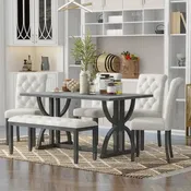 6-Piece Retro Rectangular Dining Table Set, Table with Unique Legs and 4 Upholstered Chairs & 1 Bench for Dining Room