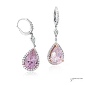 14KT White and Rose Gold Pear Kunzite Diamond Halo Dangle Earrings 4.68CT