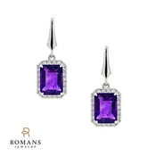 Amethyst Diamond Halo Dangle Earrings 14K White Gold