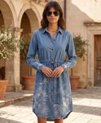 Medium Wash Blueprint-Graphic High-Low Denim Shirt Dress 5651