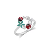Rhodium 925 Silver Moissanite Enamel Lady Bug and Flower Ring
