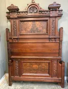 Antique Victorian High-Back Carved Walnut Bed Frame
