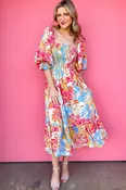 0448 Tropical Print Smocked Bodice Puff Sleeve Maxi Dress
