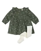 2 Pc Set: Dress Woven & Tights knit- Green DK